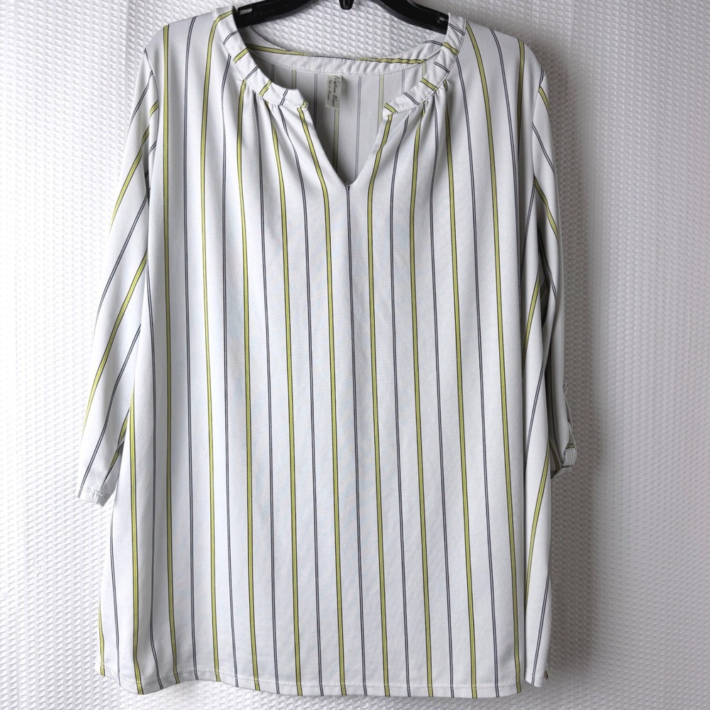 Perception Blouse 1X White Striped Roll Tab Sleeve Office Chic Plus Workwear